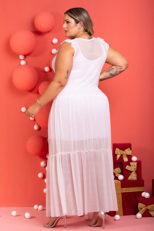 Vestido Longo Tule Eloah Branco Plus Size