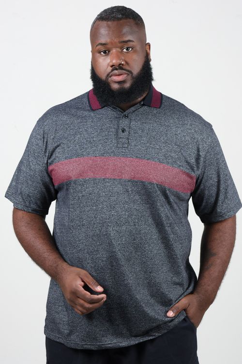 Camisa polo mescla com listras plus size preto