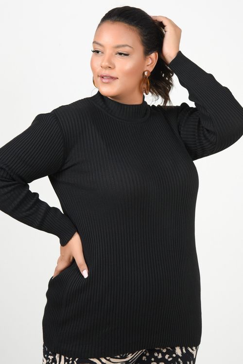 Blusa tricot canelado plus size preto