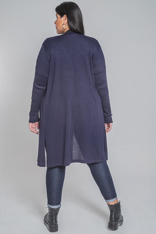 Cardigan trico alongado plus size azul marinho