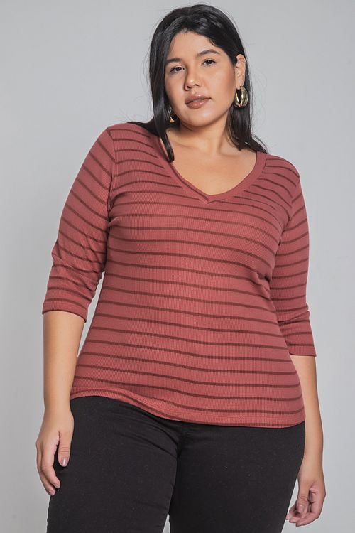 Blusa listrada decote v plus size marrom