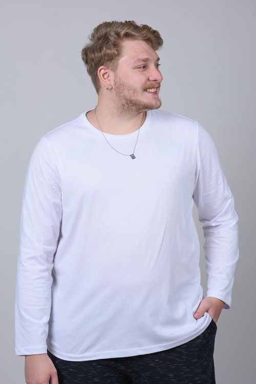 Camiseta manga longa malha plus size branco