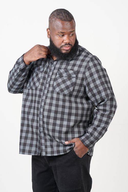 Camisa xadrez de flanela manga longa plus size cinza chumbo