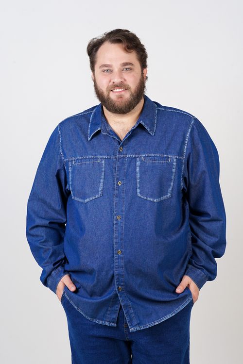 Camisa jeans manga longa plus size jeans blue
