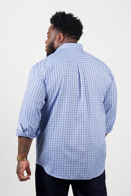 Camisa manga longa tricoline mista xadrez plus size azul