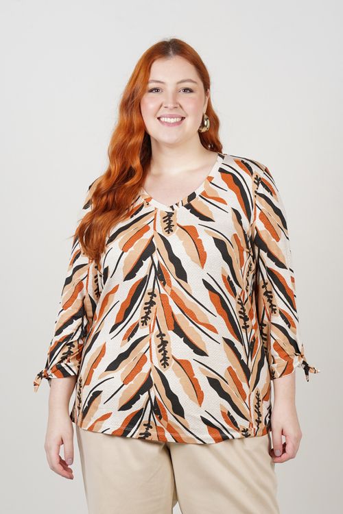 Blusa estampada com nó na manga plus size bege