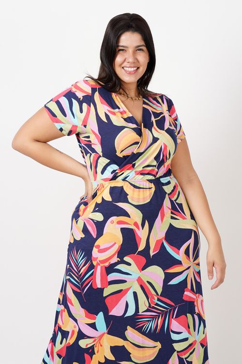 Vestido longo estampado decote plus size azul marinho