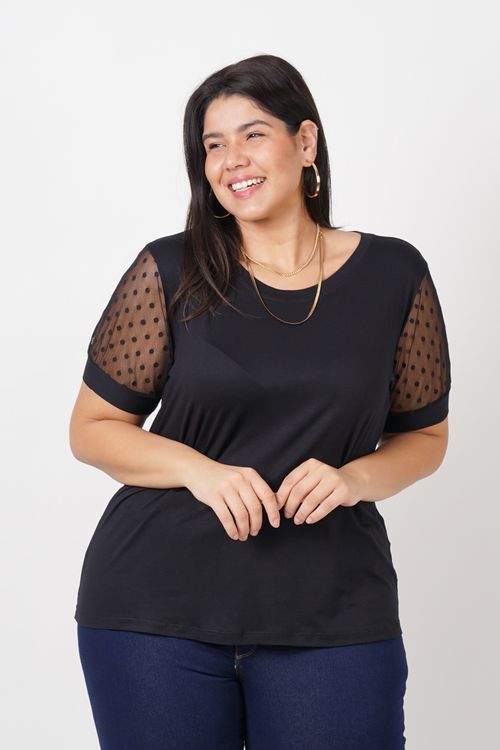 Blusa de malha com tule na manga plus size preto