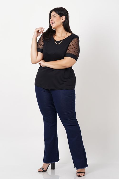Blusa de malha com tule na manga plus size preto