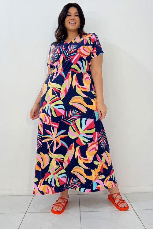 Vestido longo estampado decote plus size azul marinho