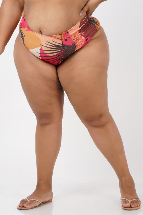 Calcinha biquini franzida e estampada plus size laranja