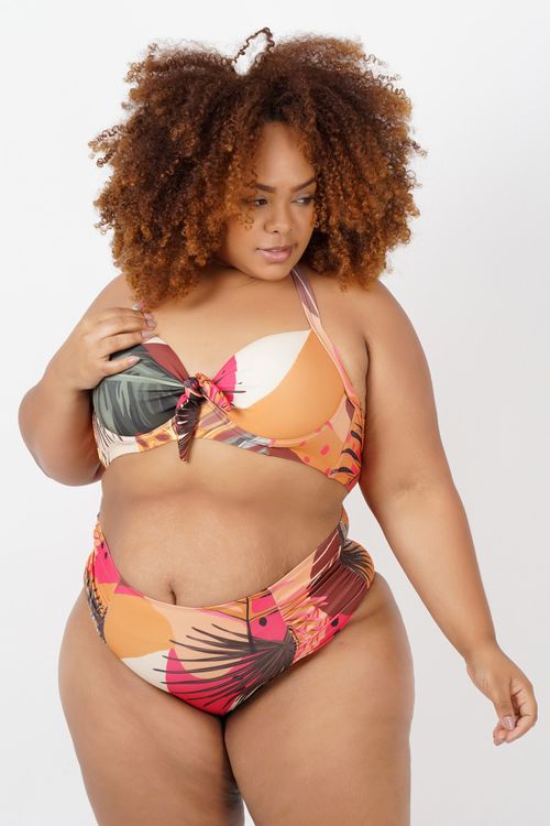 Calcinha biquini franzida e estampada plus size laranja