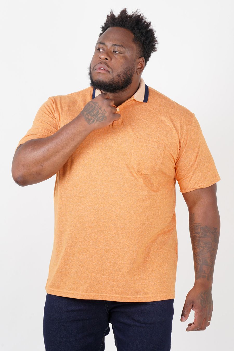 Camisa polo malha mescla com bolso plus size laranja