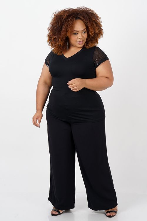 Blusa com manga de paetê plus size preto
