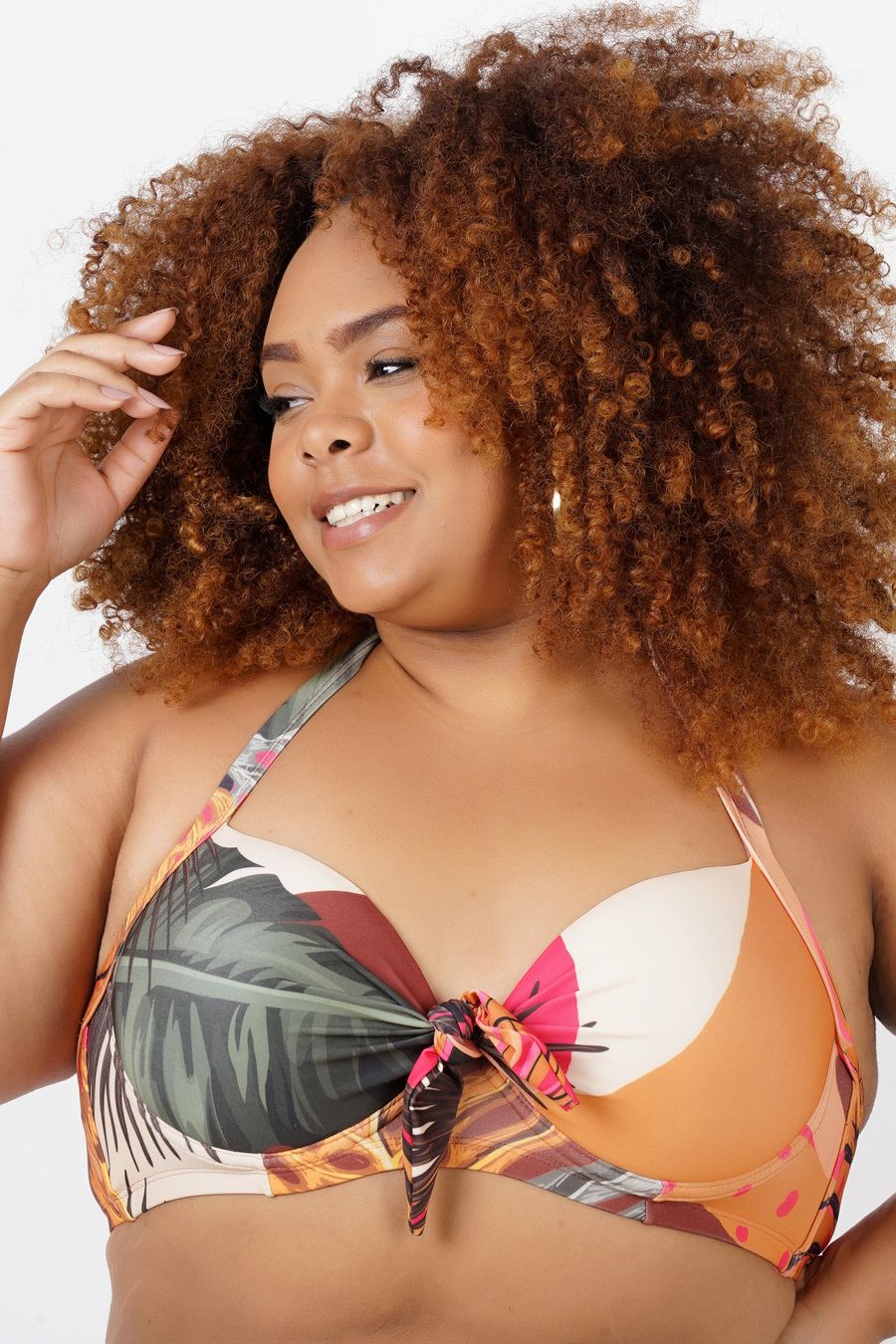 Top biquíni estampado com bojo plus size laranja