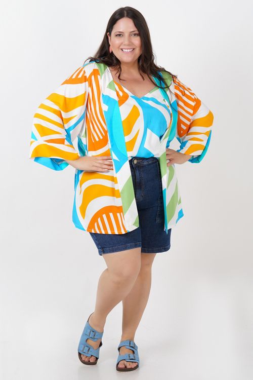 Kimono estampado de viscose plus size bege