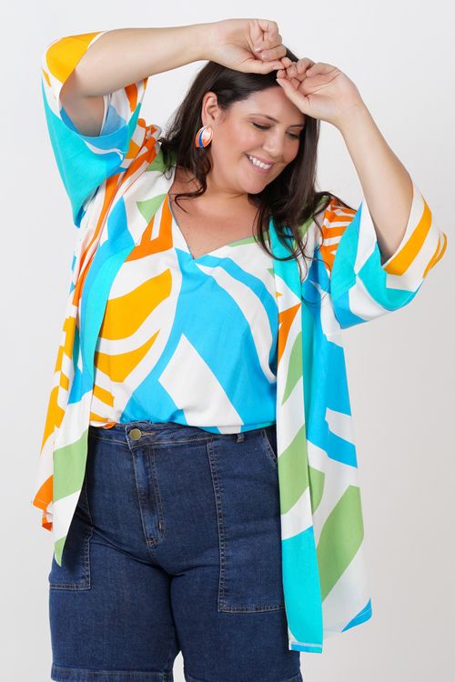 Kimono estampado de viscose plus size bege