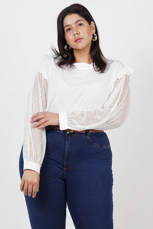 Blusa manga longa de tule plus size off white