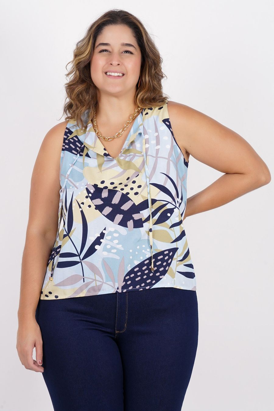 Regata de viscose estampada plus size azul