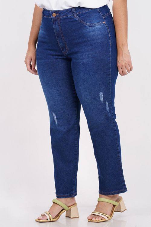 Calça reta jeans com rasgos plus size jeans blue