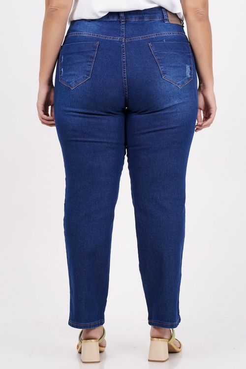 Calça reta jeans com rasgos plus size jeans blue