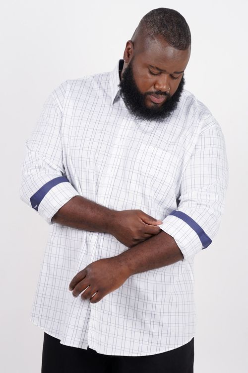 Camisa de tricoline xadrez manga longa plus size branco
