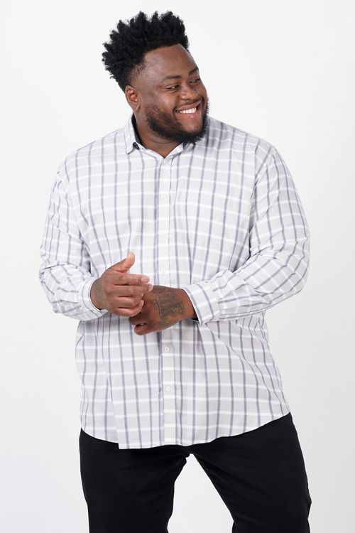 Camisa de tricoline xadrez manga longa plus size cinza