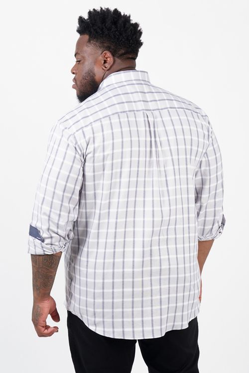 Camisa de tricoline xadrez manga longa plus size cinza