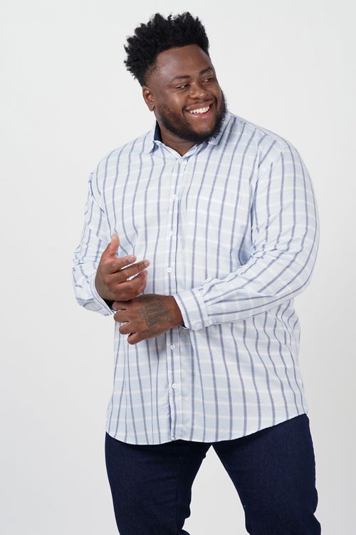 Camisa de tricoline xadrez manga longa plus size azul