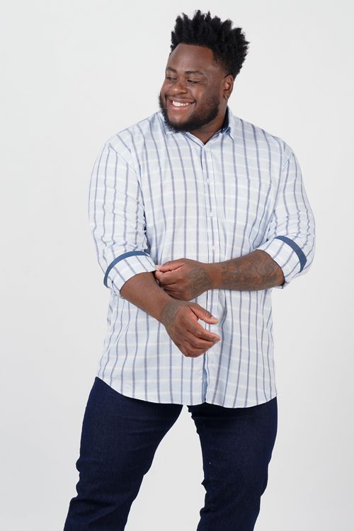 Camisa de tricoline xadrez manga longa plus size azul