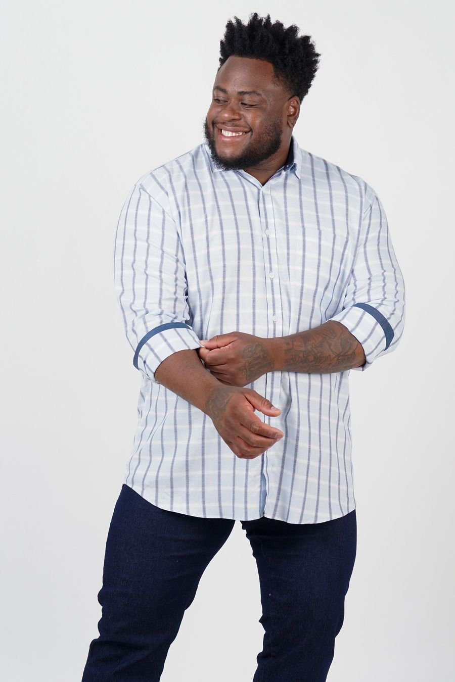 Camisa de tricoline xadrez manga longa plus size azul