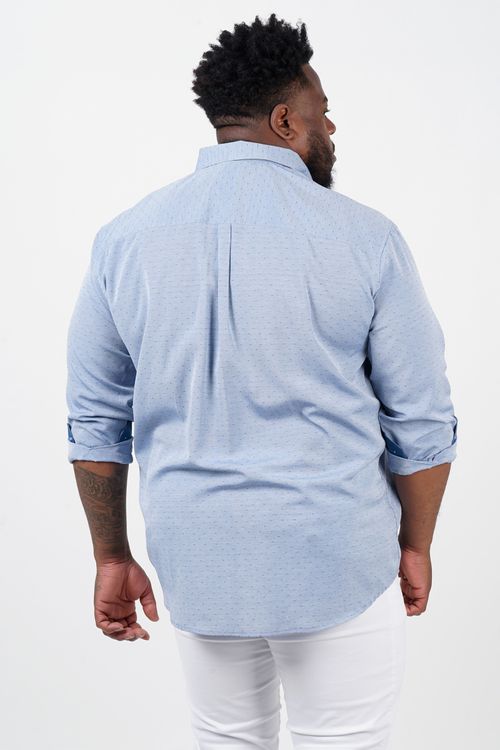 Camisa manga longa tricoline maquinetada plus size azul marinho
