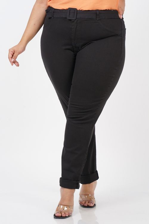 Calça skinny de sarja com fivela forrada plus size preto