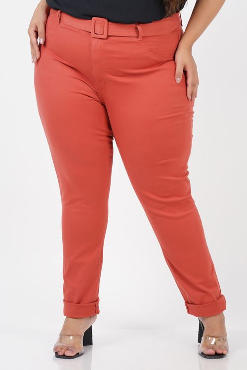 Calça skinny de sarja com fivela forrada plus size laranja