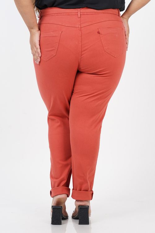 Calça skinny de sarja com fivela forrada plus size laranja
