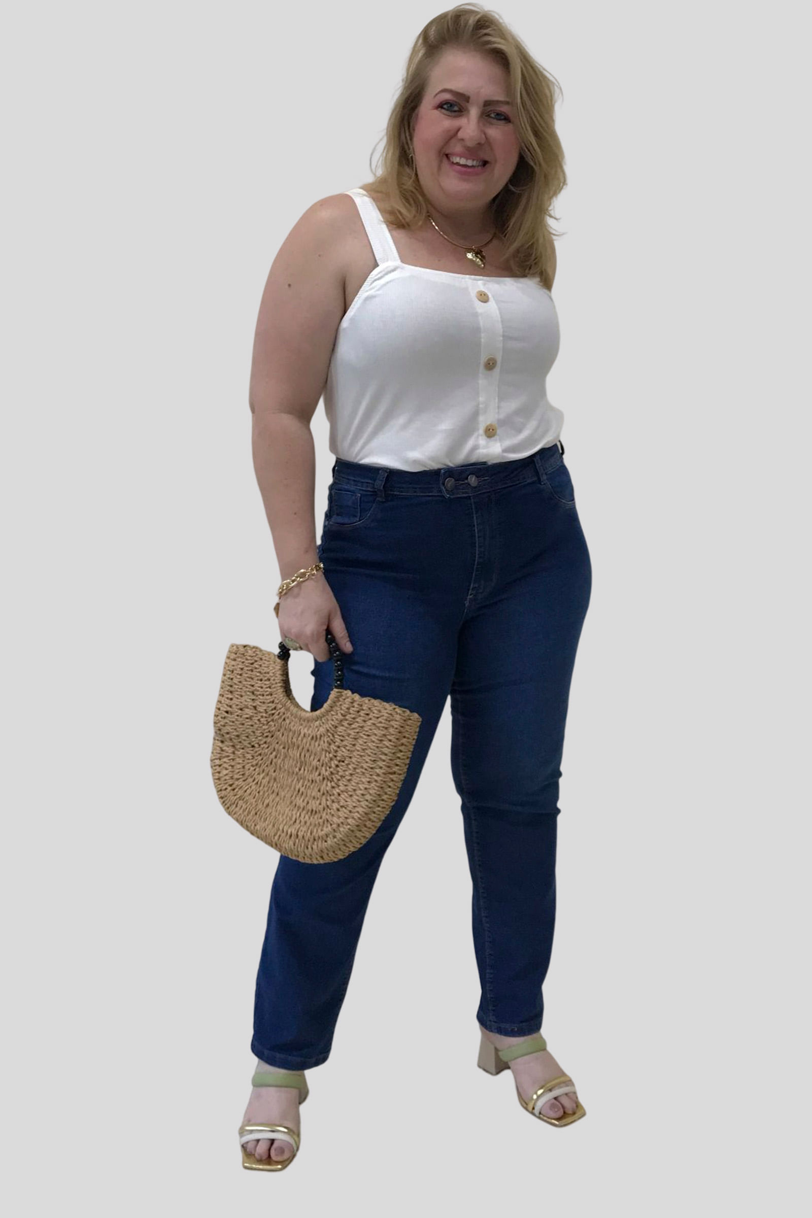 Calça Reta Jeans Com Dois Botões Plus Size Jeans Blue Kauê Plus Size 1227