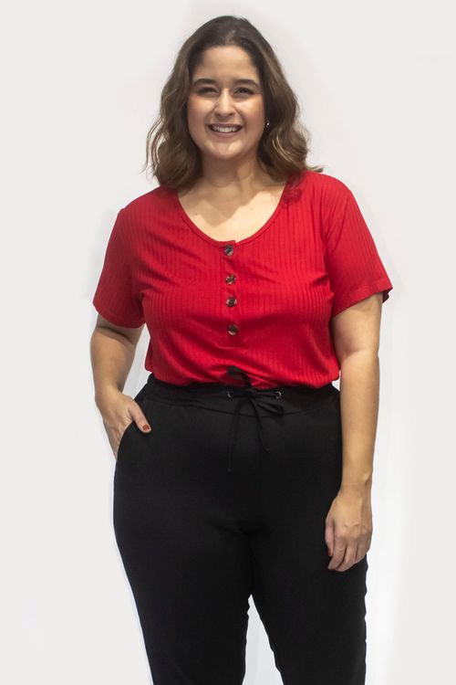 Blusa canelada com botões plus size vermelho