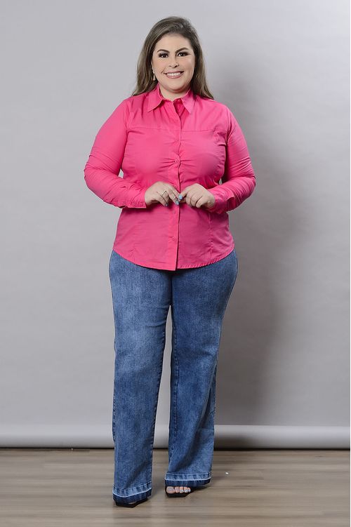 Camisa manga longa tricoline pink plus size