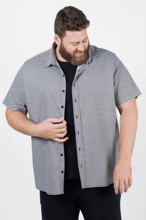 Camisa manga curta xadrez plus size cinza