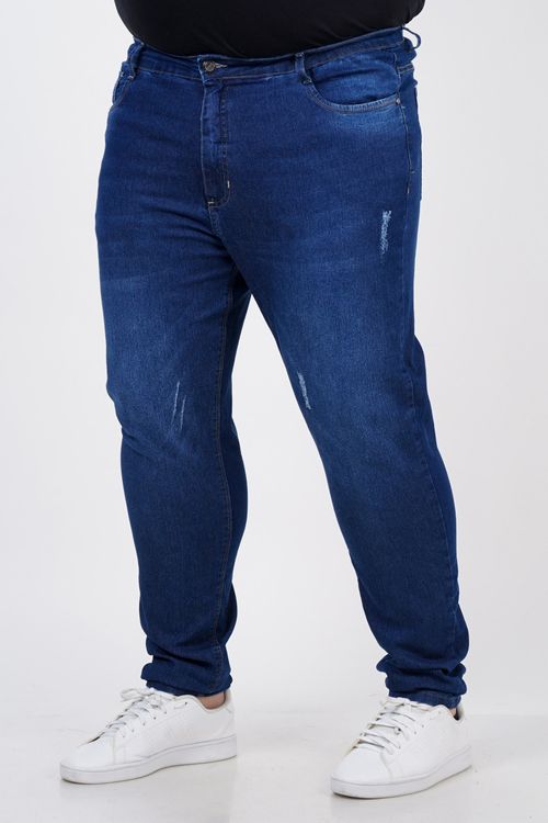 Calça jeans skinny com puídos plus size jeans blue