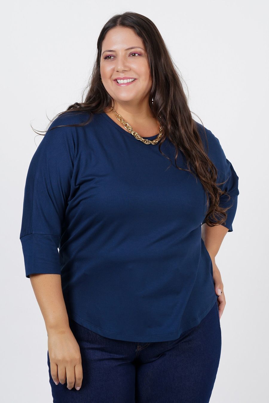 Blusa de malha lisa com manga plus size azul marinho