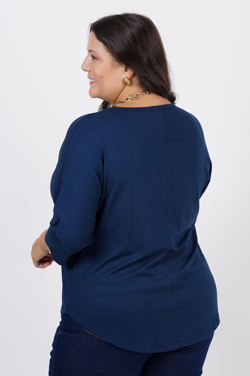 Blusa de malha lisa com manga plus size azul marinho