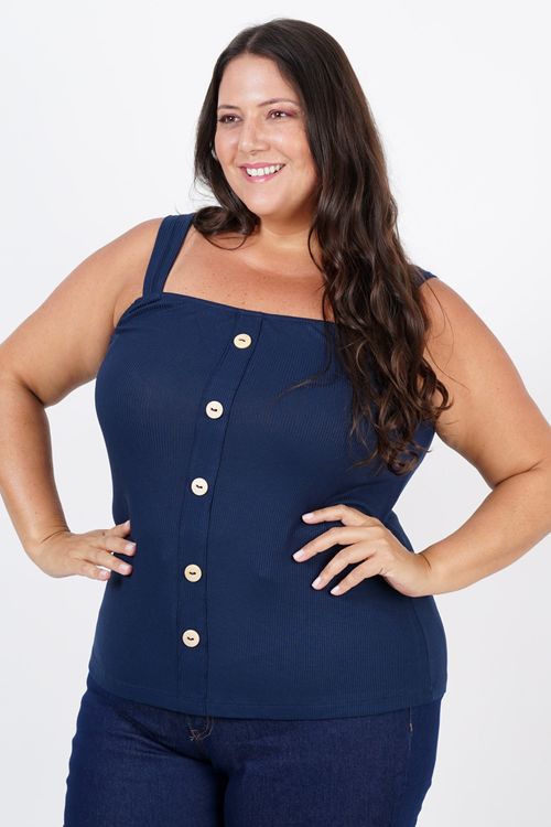 Regata canelada com botões plus size azul marinho