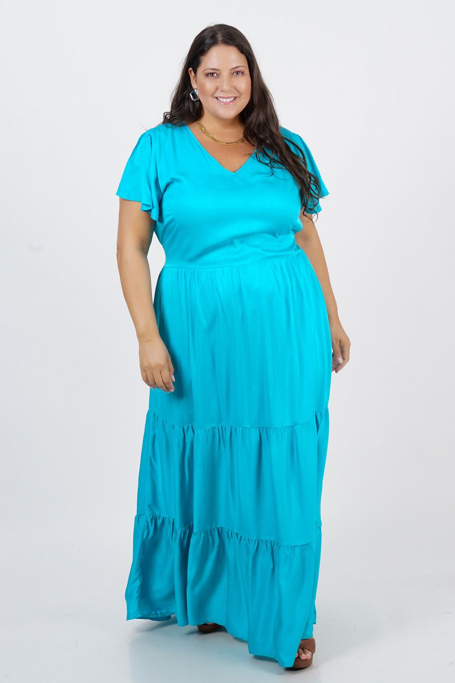 Vestido longo liso plus size azul