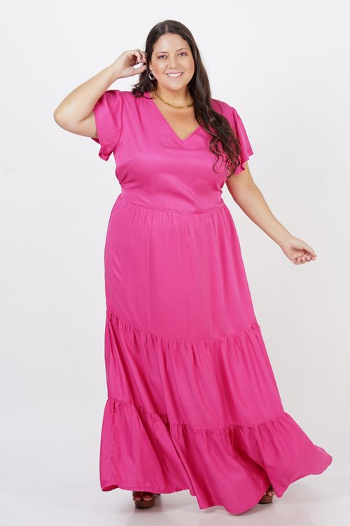 Vestido longo liso plus size rosa