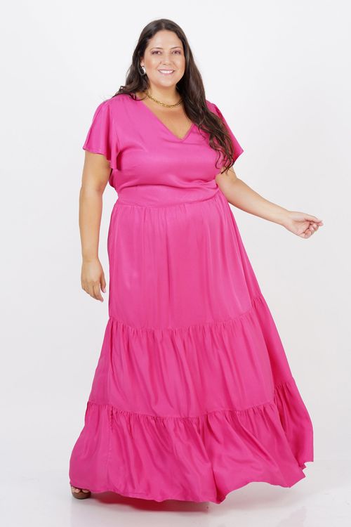 Vestido longo liso plus size rosa