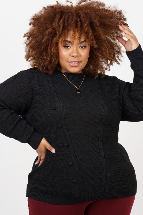 Blusa tricot detalhe  bolinhas plus size preto