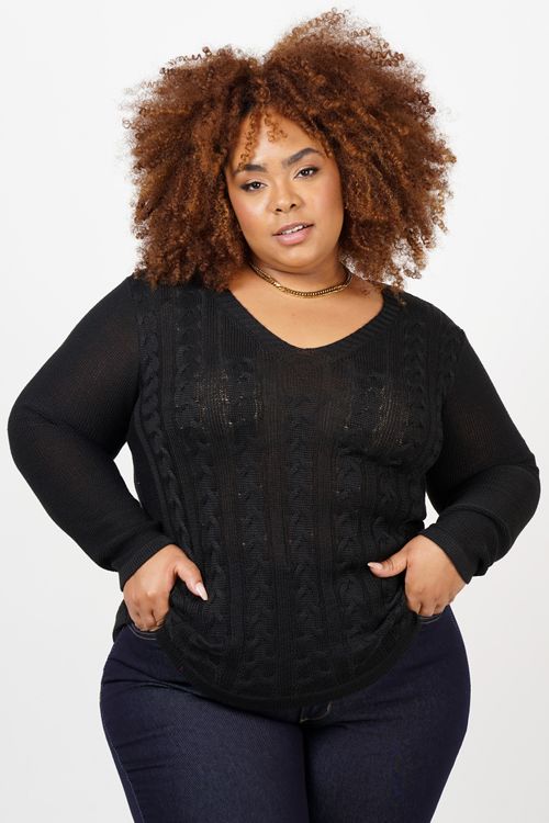 Blusa tricot com tranças plus size preto