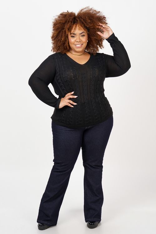 Blusa tricot com tranças plus size preto