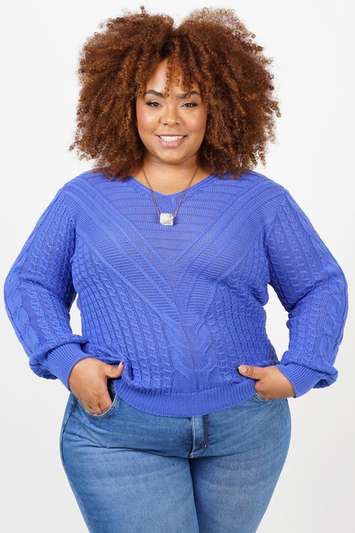 Blusa tricot  decote v plus size azul